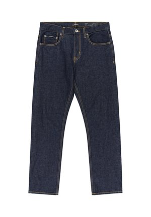Dunkelblaue Denim-Jeans im geraden Schnitt mit gelben Nähten, Fünf-Taschen-Design, Knopfverschluss und einer subtilen Textur.