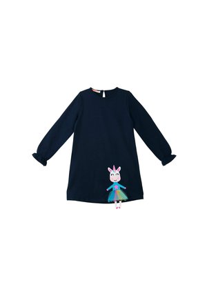 Marineblaues langärmeliges Kleid mit gerafften Bündchen und einem bunten Einhorn-Applikation, das einen Regenbogenrock am Saum trägt.