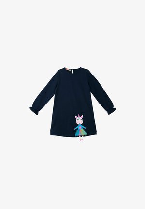 Marineblaues langärmeliges Kleid mit gerafften Bündchen und einem bunten Einhorn-Applikation, das einen Regenbogenrock am Saum trägt.