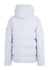 Giacca a vento azzurro chiaro con cappuccio, design trapuntato e polsini elastici. Presenta un piccolo logo sulla manica sinistra. Texture morbida.