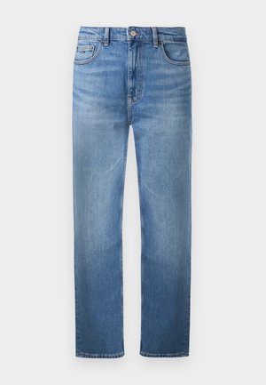 Jeans in denim azzurro chiaro a gamba dritta con design classico a cinque tasche, chiusura con bottoni e leggero scolorimento sulla parte anteriore delle cosce.