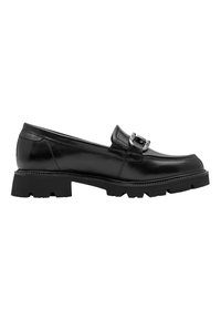 Mocassin en cuir noir avec semelle épaisse et détail boucle argentée sur le dessus, présenté de profil sur fond blanc.