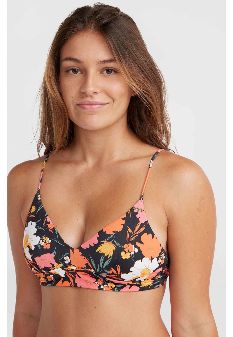 Cvetni bikini top z črnim ozadjem, živahnimi oranžnimi, rožnatimi in belimi cvetovi. Nastavljive naramnice in trikotna skodelica.