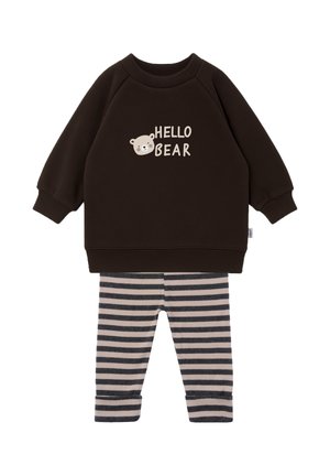 Toddler outfit with dark brown sweatshirt featuring bear face and "HELLO BEAR" text, paired with beige and black striped pants.