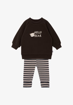 Toddler outfit with dark brown sweatshirt featuring bear face and "HELLO BEAR" text, paired with beige and black striped pants.
