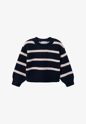 Tumesinine kampsun, millel on laiad horisontaalsed valged triibud, pikad varrukad ja ümara kaelusega.