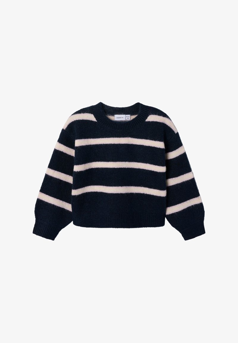 Tengerészkék pulóver széles vízszintes fehér csíkokkal, hosszú ujjú, kerek nyakú.