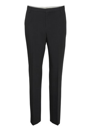 Mustad püksid sirge sääre disainiga, lamedate eestpoolt ja vöökummardustega. Valmistatud siledast kangast, külgedel on taskud.