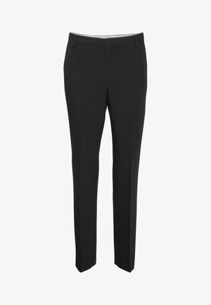 Pantaloni negri, tailored, cu un design drept al piciorului, față plată și bucle pentru curea. Realizați dintr-un material neted, având buzunare pe laterale.