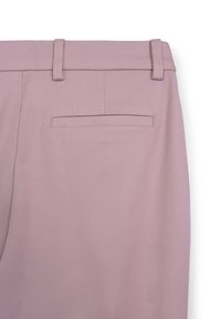 Light pink trousers with a smooth texture, featuring belt loops and a single back pocket with a flap. Tailored design, sleek silhouette.