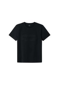 Schwarzes Baumwoll-T-Shirt mit kurzen Ärmeln und Rundhalsausschnitt. Mit einem geprägten "HACKETT SPORT"-Logo auf der Vorderseite. Glatte Textur.