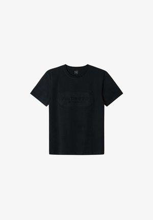 Schwarzes Baumwoll-T-Shirt mit kurzen Ärmeln und Rundhalsausschnitt. Mit einem geprägten "HACKETT SPORT"-Logo auf der Vorderseite. Glatte Textur.