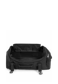 Bolsa de deporte negra con un compartimento principal con cremallera y bolsillos laterales. Hecha de un material duradero, cuenta con correas ajustables y asas reforzadas.