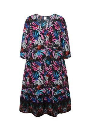 Kukkamekko mustalla taustalla, jossa on kirkkaan vaaleanpunaisia, sinisiä ja vihreitä lehtikuvioita. V-pääntie ja kolmen neljänneksen hihat.