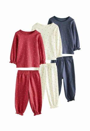 Set of two long-sleeve tops and pants in red, navy, and cream; all with small black polka dots; elastic cuffs and waistbands.