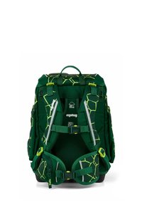 Groene rugzak met een hexagonaal patroon in geel. Voorzien van verstelbare riemen, reflecterende accenten en een stevige bovenste handgreep. Ergonomisch ontwerp.