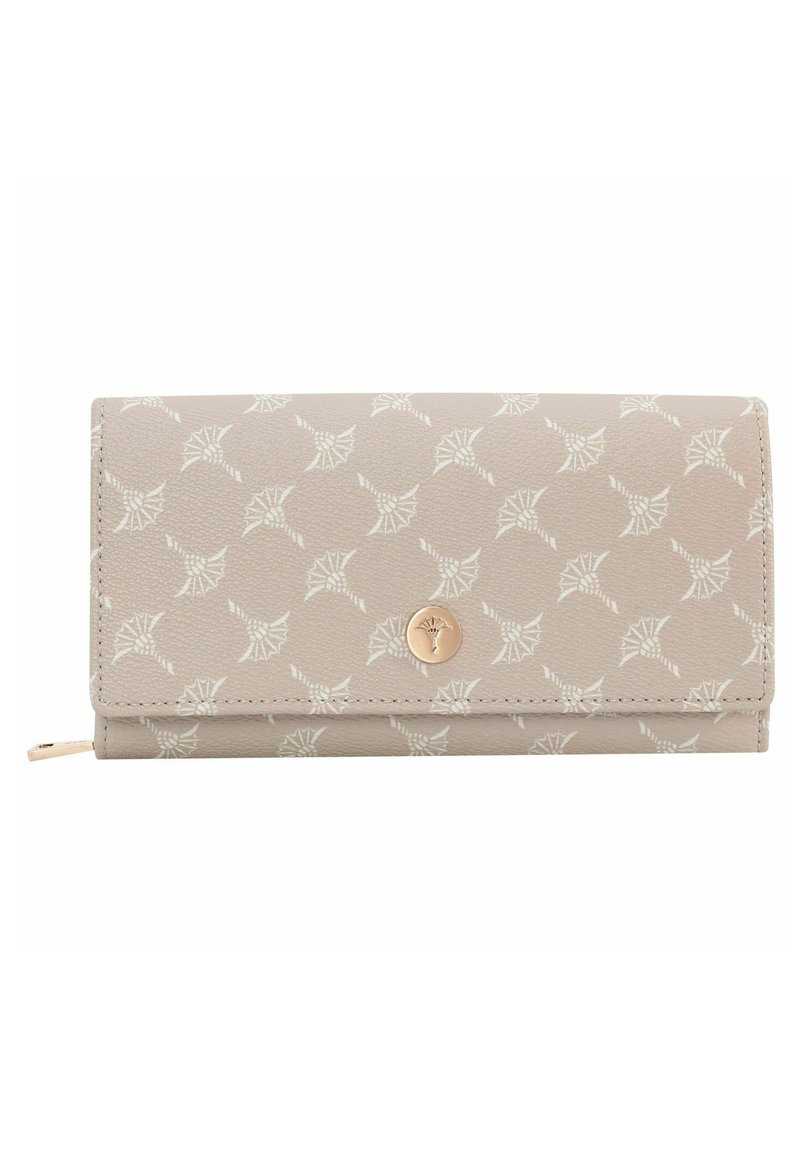 Beige lompakko, joka on valmistettu tekstuurimateriaalista ja jossa on valkoinen lehväkuvio, kultasävytetty logon nappisuljenta ja vetoketjullinen lokero.