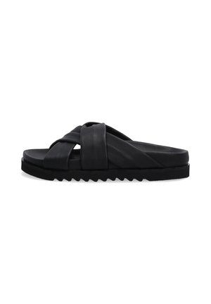 Sort læder slidesandal med krydset remme, flad sål og en struktureret, rillede ydersål. Glat finish med minimal dekoration.