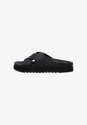 Sandale slide en cuir noir avec des brides croisées, semelle plate et semelle extérieure texturée et striée. Finition lisse avec un minimum de détails.