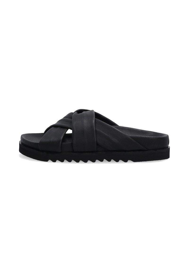 Sort læder slidesandal med krydset remme, flad sål og en struktureret, rillede ydersål. Glat finish med minimal dekoration.