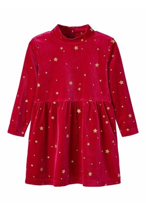 Red velvet long-sleeve dress with gold star patterns, gathered waist, and high neckline, designed for festive occasions.