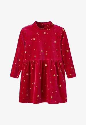 Robe longue en velours rouge à manches longues avec motifs d'étoiles dorées, taille froncée et col haut, conçue pour les occasions festives.