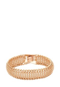Bracciale in oro rosa con un intricato design a rete, accenti di perline, una chiusura sicura e una finitura liscia e lucida.