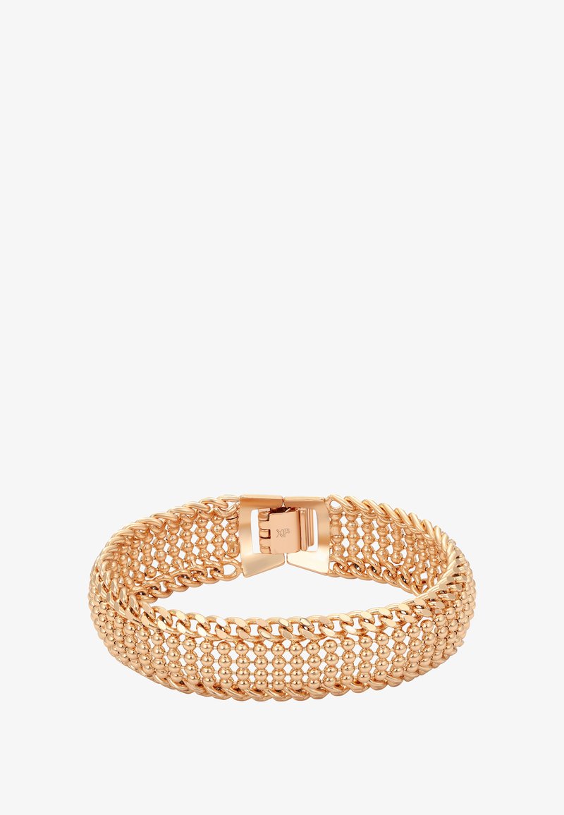 Rózsaarany karkötő, amely részletes hálószerkezettel és gyöngy díszítéssel rendelkezik, biztos záródással és sima, csillogó felülettel.