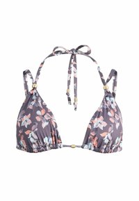 Bikiny top v trojuholníkovom strihu s kvetinovým vzorom, s nastaviteľnými viazaniami na krku a na chrbte, zdobený pastelovými ružovými, modrými a bielymi kvetmi na šedom pozadí.