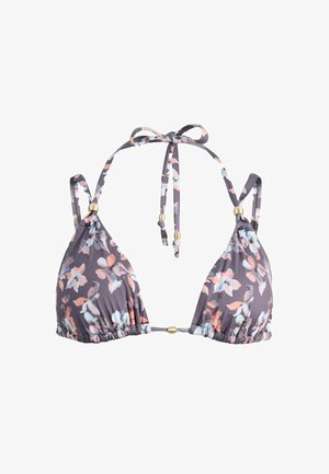 Gėlių rašto trikampis bikini viršus su reguliuojamais kaklo ir nugaros raiščiais, puošiamas pastelinėmis rožinėmis, mėlynomis ir baltomis gėlėmis ant pilko fono.