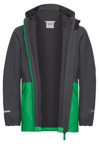 Veste d'extérieur à capuche gris foncé et verte avec ouverture devant montrant une doublure intérieure douce et une fermeture éclair verte.