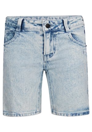 Jasnoniebieskie szorty z denimu acid-wash z przednimi kieszeniami, szlufkami na pasek, zapinane na guzik, z widocznymi detalami przeszyć.
