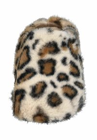 Faux fur bucket hat with a beige base, featuring a leopard print pattern in black and brown tones; soft texture and rounded shape.