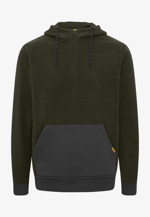 Mikina s kapucňou z flísu v tmavozelenej farbe s polovičným zipsom, nastaviteľnou šnúrkou v kapucni a kontrastnou šedou klokankou. Mäkka textúra.