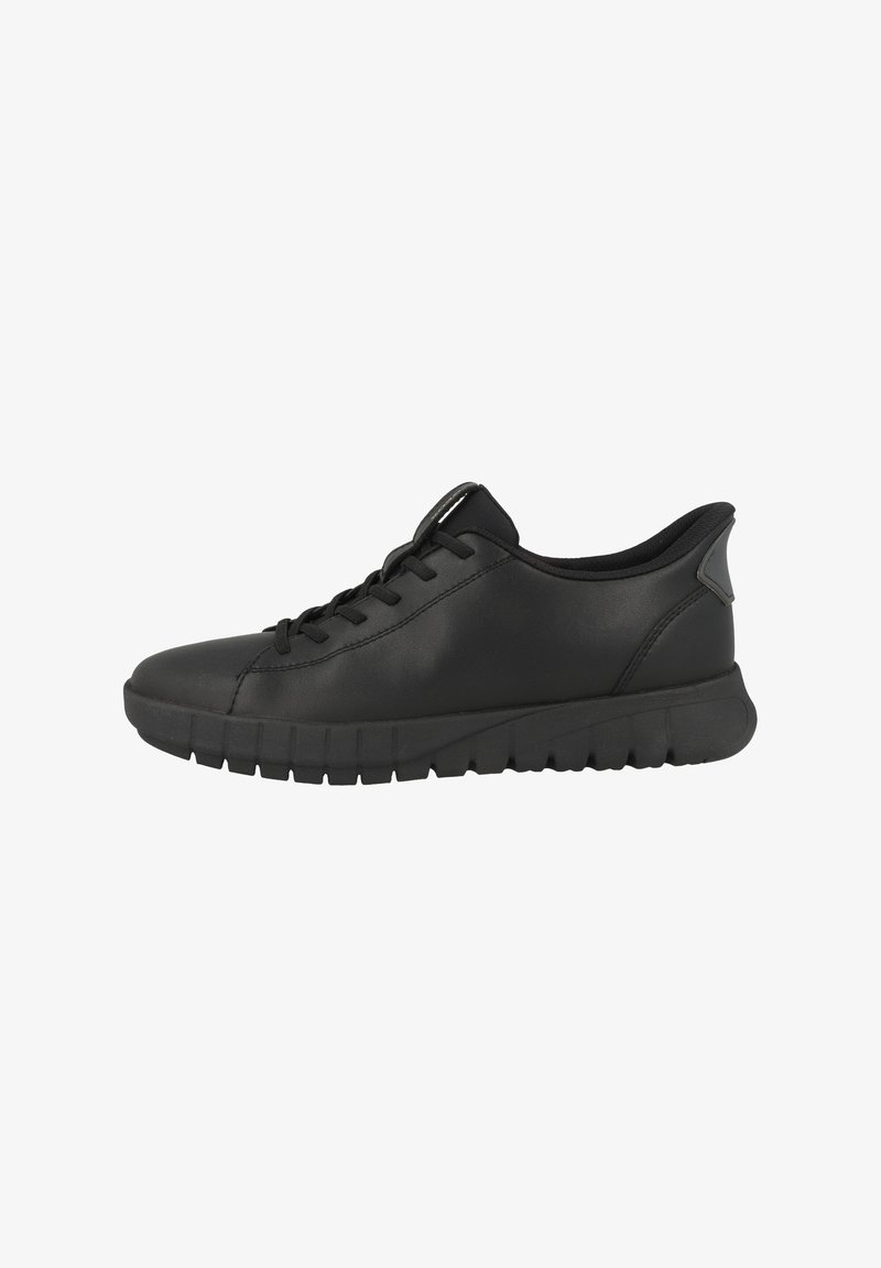 Basket noire en cuir lisse, avec un bout arrondi, un design à lacets, et une semelle en caoutchouc texturé pour l'adhérence et la flexibilité.