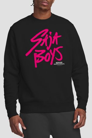 Black sweatshirt with large pink text "Saija Boys" and smaller white text "KPOP Demon Hunters" worn by a person against a plain background.