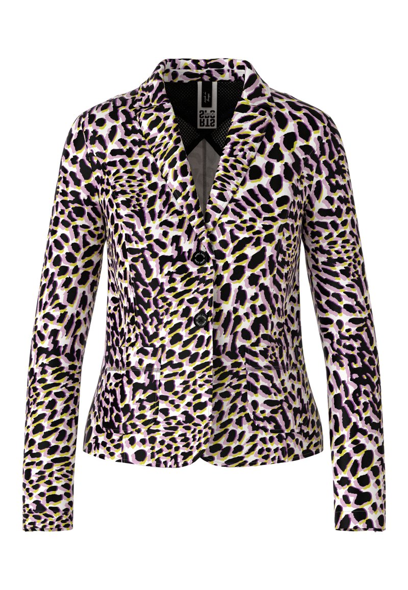 Leopardenmuster-Blazer mit lila, schwarz und gelben Mustern; Ein-Knopf-Verschluss, taillierte Passform und zwei Vordertaschen.