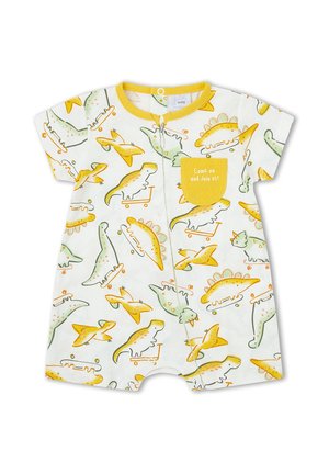 Pelele blanco para bebé con ribete amarillo, con patrones coloridos de dinosaurios y pájaros en monopatines y patinetes, con un bolsillo amarillo que dice "¡Ven y únete a nosotros!"