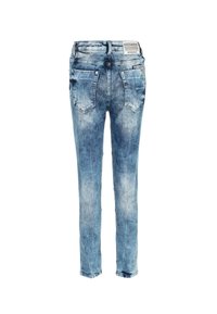 Vue arrière d'un jean slim délavé bleu avec deux poches arrière et une petite étiquette de marque sur la ceinture.