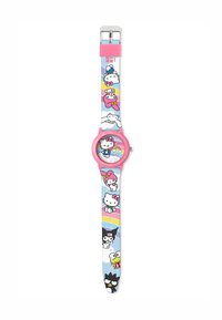 Roze polshorloge met een kleurrijke cartoonprint. Ronde wijzerplaat met een blauwe achtergrond, met Hello Kitty en vrienden. Silicone band.