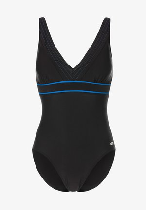 Schwarzer Einteiler-Badeanzug mit tiefem V-Ausschnitt, der blaue Akzentlinien aufweist. Hergestellt aus glattem Stoff mit taillierter Passform.