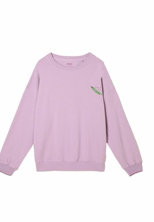 Purple sweatshirt made of soft fabric with a crew neckline, long sleeves, and a green pea pod embroidery on the left chest.