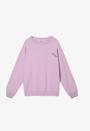 Purple sweatshirt made of soft fabric with a crew neckline, long sleeves, and a green pea pod embroidery on the left chest.