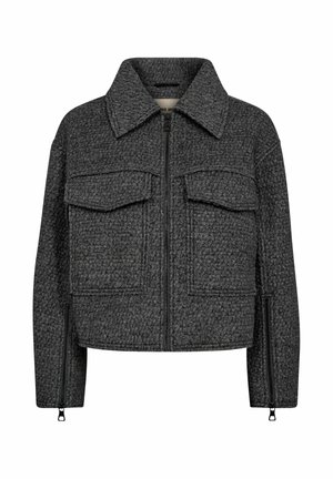 Grey textured jacket with a collar, front zipper, and two chest pockets. Features side zippers at the cuffs for adjustable fit.