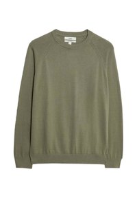 Maglione girocollo in cotone verde oliva con maniche lunghe a raglan, polsini e orlo a coste, e una texture liscia. Presenta un'etichetta sul collo.