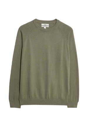 Pull en coton vert olive à col rond avec des manches raglan longues, des poignets et un ourlet côtelés, et une texture lisse. Présente une étiquette au niveau du col.