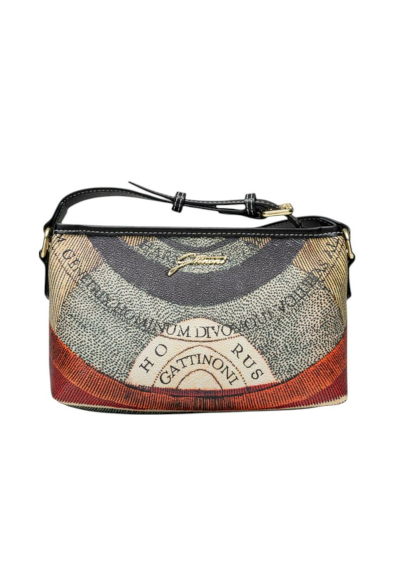 Piccola borsa a mano con motivo geometrico in tessuto testurizzato, caratterizzata da bordature in pelle nera e un accento logo in tonalità oro. Include una tracolla regolabile.