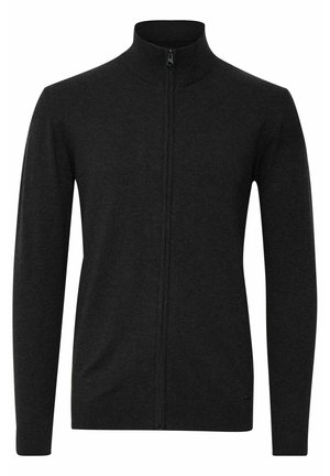 Juodas užtrauktuku užsegamas megztinis su aukštu apykakle, ilgomis rankovėmis, raišteliais ant rankovių ir apačios, išsiskiriantis sklandžia, megzta tekstūra.