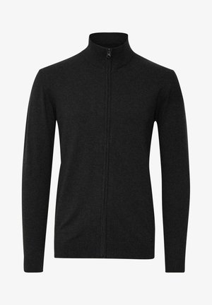 Juodas užtrauktuku užsegamas megztinis su aukštu apykakle, ilgomis rankovėmis, raišteliais ant rankovių ir apačios, išsiskiriantis sklandžia, megzta tekstūra.