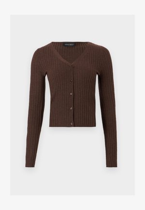 Καφέ πλεκτή ζακέτα με ραβδώσεις, μακριά μανίκια, λαιμόκοψη V και κούμπωμα με κουμπιά στο μπροστινό μέρος, ετικέτα επωνυμίας "Anna Field" στο εσωτερικό του λαιμού.